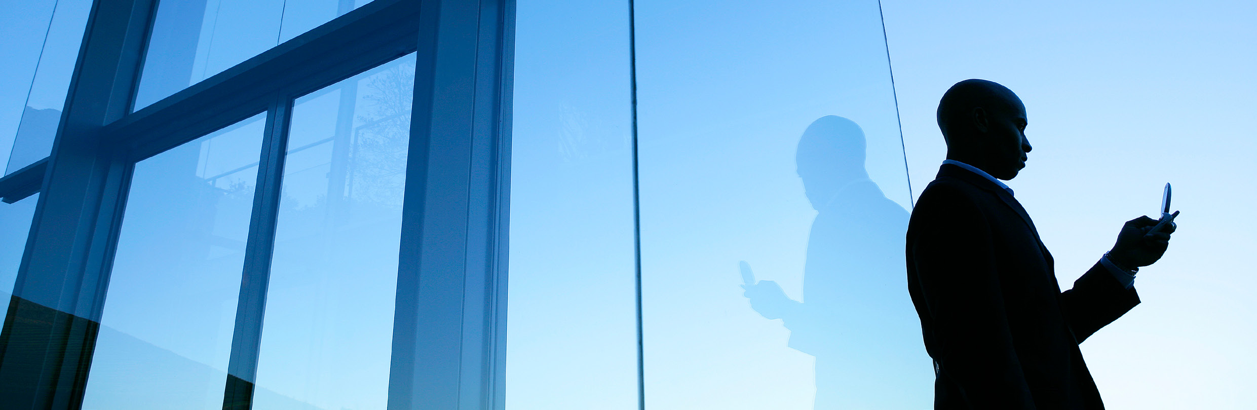 Business professional beside large office windows